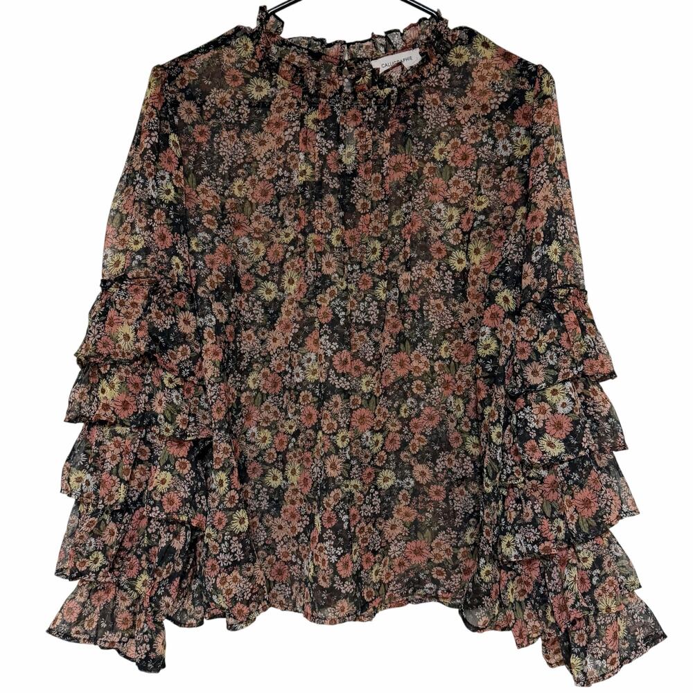 CALLIGRAPHIE Floral Ruffle Long Sleeve Boho Blouse Colorful Sz Large Sheer Body